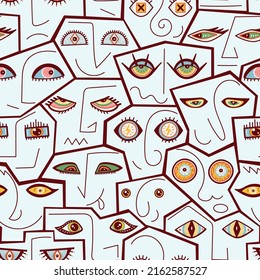 Vector Seamless Pattern With Abstract Geometric Various Strange Evil, Funny, Comic And Bizarre Faces. Woman, Man, Skull, Alien Face. Group Of People. Modern Art.