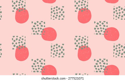 vector seamless pattern of abstract, geometric shapes, imperfectly drawn, in red, green and pink