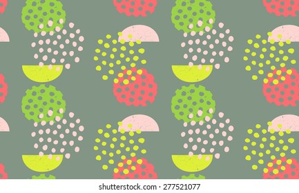 vector seamless pattern of abstract, geometric shapes, imperfectly drawn, in red, yellow, green and pink