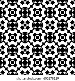 Vector seamless pattern, abstract geometric black & white texture. Ornamental shapes, crosses, rhombuses, rounded lattice. Endless monochrome background, repeat tiles. Simple decorative element 