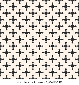 Vector seamless pattern, abstract geometric background with simple geometrical shapes, rounded crosses, circles, staggered grid. Monochrome endless texture, repeat tiles. Dark modern design element