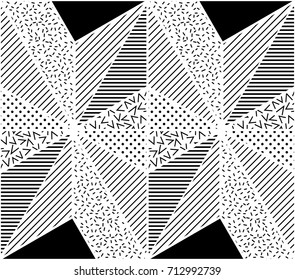 Vector Seamless Pattern. Abstract Geometric Black and White Doted Linear Triangle, Stylish Tiles with different ornament, Retro illustration. Simple background of perforated rhombus