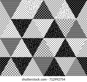 Vector Seamless Pattern. Abstract Geometric Black and White Doted Linear Triangle, Stylish Tiles with different ornament, Retro illustration. Simple background of perforated rhombus