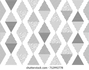 Vector Seamless Pattern. Abstract Geometric Black and White Doted Linear Triangle, Stylish Tiles with different ornament, Retro illustration. Simple background of perforated rhombus