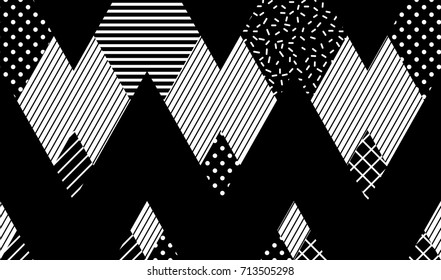Vector Seamless Pattern. Abstract Geometric Black and White Doted Linear Triangle, Stylish Tiles with different ornament, Retro illustration. Simple background of perforated rhombus