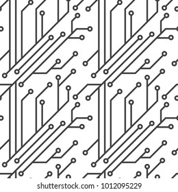 Vector seamless pattern. Abstract geometrical background. Original linear techno texture with repeating curved thin lines, dots. High tech background. Communication and engineering technology concept.