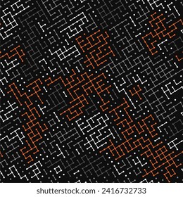 Vector seamless pattern. Abstract geometrical background. Original linear techno texture with repeating curved thin lines, dots. High tech background.