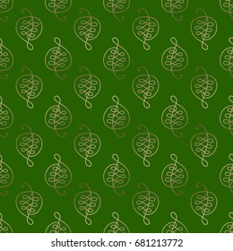 Vector seamless pattern of abstract golden leafs on green isolated background. The ornamental pattern in linear style for business design - packaging, wrapping of eco natural products, wallpaper.