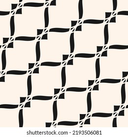 Vector seamless pattern. Abstract graphic monochrome background with wavy lines, curved shapes. Texture of diagonal mesh, lace, lattice, grid, weaving, net. Simple black and white repeat geo design