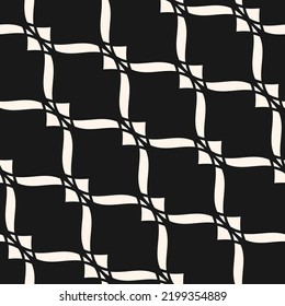 Vector seamless pattern. Abstract graphic monochrome background with wavy lines, curved shapes. Simple texture of diagonal mesh, lace, lattice, grid, weaving, net. Black and white repeat modern design