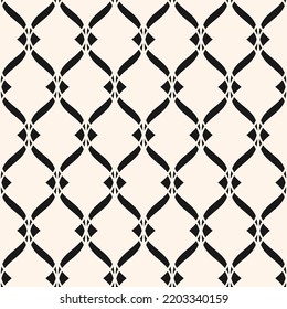 Vector seamless pattern. Abstract graphic monochrome background with wavy lines, curved shapes. Simple elegant texture of mesh, lace, lattice, grid, weaving, net. Black and white repeat modern design
