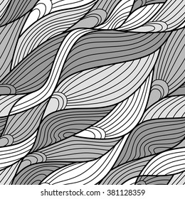 Vector seamless pattern. Abstract graphic ornament. Waves stylish background. Leaves repeating texture.