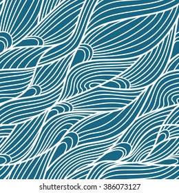 Vector seamless pattern. Abstract graphic monochrome ornament. Waves stylish background. Leaves repeating texture.