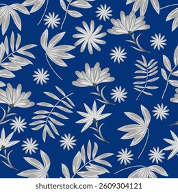 Vector seamless pattern with abstract gray flowers on dark blue background for wallpaper, fabric, textile.