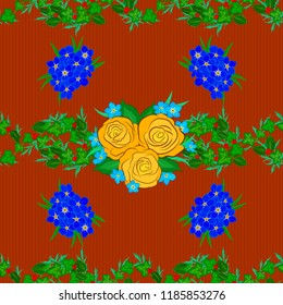 Vector seamless pattern of abstract green, orange and brown roses with green leaves. Vintage Watercolor Roses (hand drawn).