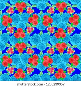 Vector seamless pattern with abstract green, blue and pink roses and green leaves. Decorative floral background with flowers of roses.