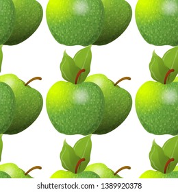 Vector seamless pattern. Abstract green apples with green leaves. Fresh fruits background, perfect for kitchen, food, drinks, juice, restaurant menu design and more