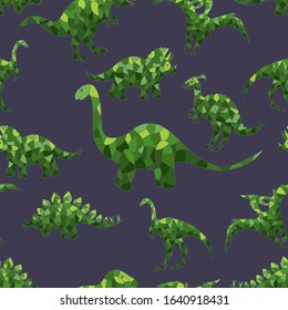 Vector seamless pattern of abstract green dinosaurs on a dark background, for design of mosaics, stained glass, covers, packages, and textile prints