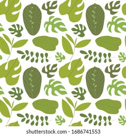 Vector seamless pattern with abstract green tropical leaves, on white background. Cartoon exotic leaves. Perfect for textile, wrapping paper, fabric, packaging