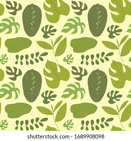 Vector seamless pattern with abstract green tropical leaves, on yellow background. Cartoon exotic leaves. Perfect for textile, wrapping paper, fabric, packaging