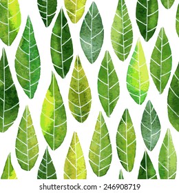 vector seamless pattern with abstract green leaves with streaks drawing by watercolor, hand drawn natural background