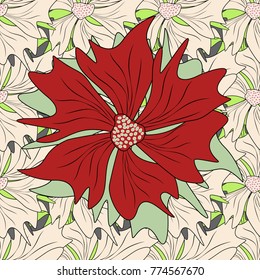 Vector seamless pattern with abstract green, beige and red flowers. Background floral design for wedding, engagement, cosmetics, perfume, beauty products. Best for wrapping paper.