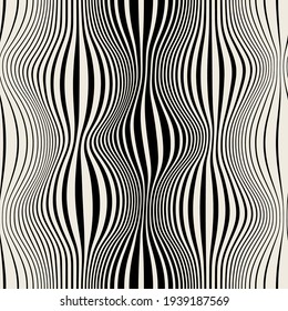 Vector seamless pattern. Abstract grunge texture with monochrome fluid stains. Creative background with stripes. Decorative design with distorted op art effect.