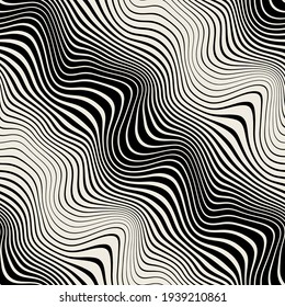 Vector seamless pattern. Abstract grunge texture with monochrome fluid stains. Creative background with stripes. Decorative design with distorted op art effect.