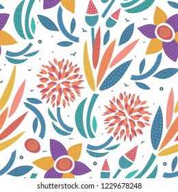 Vector seamless pattern. Abstract hand drawn flowers with different textures. Floral composition. Freehand style. Artistic design for wallpaper, textiles, wrapping, card, print on clothes, packaging