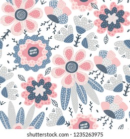 Vector seamless pattern. Abstract hand drawn flowers with different textures. Floral composition. Freehand style. Artistic design for wallpaper, textiles, wrapping, card, print on clothes, packaging