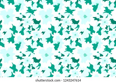 Vector seamless pattern abstract hand drawn white flowers on turquoise background for bedding, textile, wallpaper, wrapping, cover page, web site, card, carton, typographic print, fabric, banner.