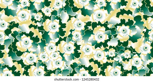 Vector seamless pattern abstract hand drawn gradient emerald with gilding flowers. Background for textile, wallpaper, wrapping, cover page, web site, card, carton, typographic print, fabric, banner.