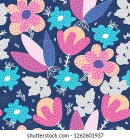 Vector seamless pattern. Abstract hand drawn flowers with different textures. Floral composition. Freehand style. Artistic design for wallpaper, textiles, wrapping, card, print on clothes, packaging