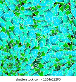 Vector seamless pattern abstract hand drawn gradient blue, turquoise and green flowers in white outline. Background for textile, poster, wrapping, cover page, web site, card, carton, print, banner.