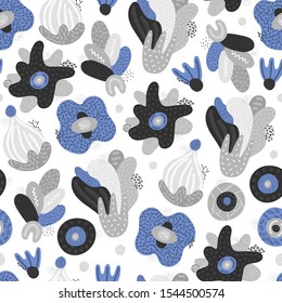 Vector seamless pattern. Abstract hand drawn flowers with different textures. Floral composition. Freehand style. Artistic design for wallpaper, textiles, wrapping, card, print on clothes, packaging