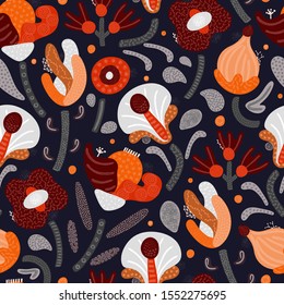 Vector seamless pattern. Abstract hand drawn flowers with different textures. Floral composition. Freehand style. Artistic design for wallpaper, textiles, wrapping, card, print on clothes, packaging