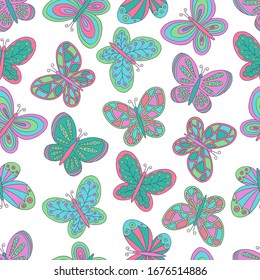 Vector seamless pattern with abstract hand drawn multicolored butterflies on a white background, for design of covers, books, packaging, print on wallpaper, textiles