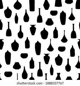 Vector seamless pattern with abstract hand drawn ceramic pots, jugs, vases. Trendy dish, bowl, crockery motif illustration, endless texture. Pot jug pattern background for textile, wallpaper, card