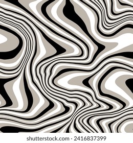 Vector seamless pattern. Abstract hand drawn texture. Monochrome wavy stripes. Creative background with distorted wavy elements. Decorative black and white striped design.