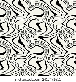 Vector seamless pattern. Abstract hand drawn texture. Monochrome wavy stripes. Creative background with distorted wavy elements. Decorative black and white striped design.