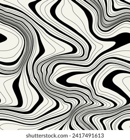 Vector seamless pattern. Abstract hand drawn texture. Monochrome wavy stripes. Creative background with distorted wavy elements. Decorative black and white striped design.