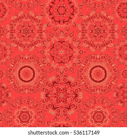 Vector seamless pattern with abstract hand drawn snowflakes design on a orange background. Hand painted pattern.
