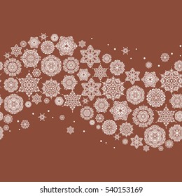 Vector seamless pattern with abstract hand drawn snowflakes design on a brown background. Hand painted pattern.