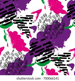 Vector seamless pattern with abstract hand drawn elements. Memphis style. Pastel colors.