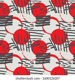 

Vector seamless pattern with abstract hand-drawn stroke elements. Grunge / memphis style. Rough textured. Black, red, 
gray. For background or gift wrapping paper