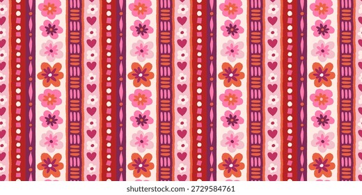 Vector seamless pattern, abstract hand-drawn quirky doodles,  love theme wallpaper, Valentine's day decorative wrapping paper and textile background with hearts and flowers