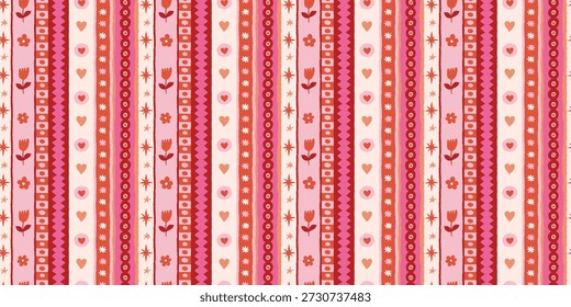 Vector seamless pattern, abstract hand-drawn quirky doodles,  love theme wallpaper, Valentine's day decorative wrapping paper and textile background with hearts and flowers