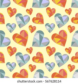 Vector seamless pattern with abstract hearts, background. Polygonal design. Geometric triangular origami style, graphic illustration. Series of Love Seamless Patterns. Print for wrapping, background