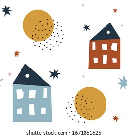 Vector seamless pattern with abstract houses. Cute background for surface design