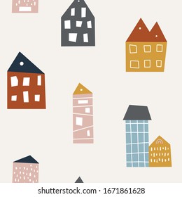 Vector seamless pattern with abstract houses. Cute background for surface design